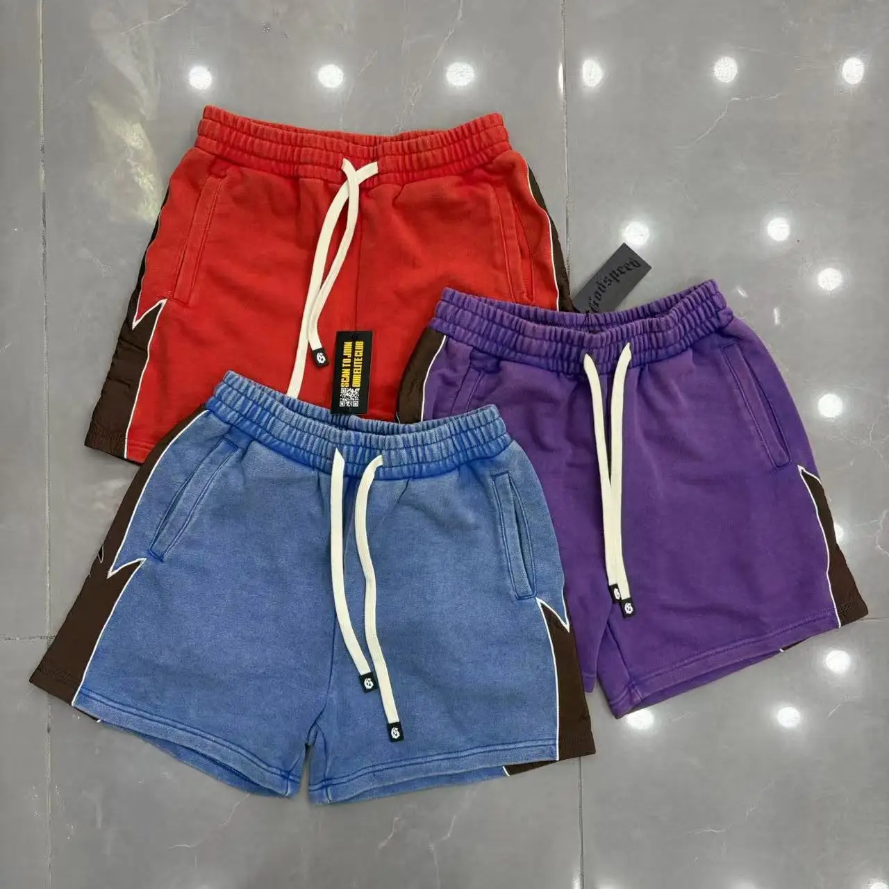 High-Quality Fashionable Shorts with Washed Vintage Patch Embroidery, Niche Versatile Trendy Drawstring Terry Shorts
