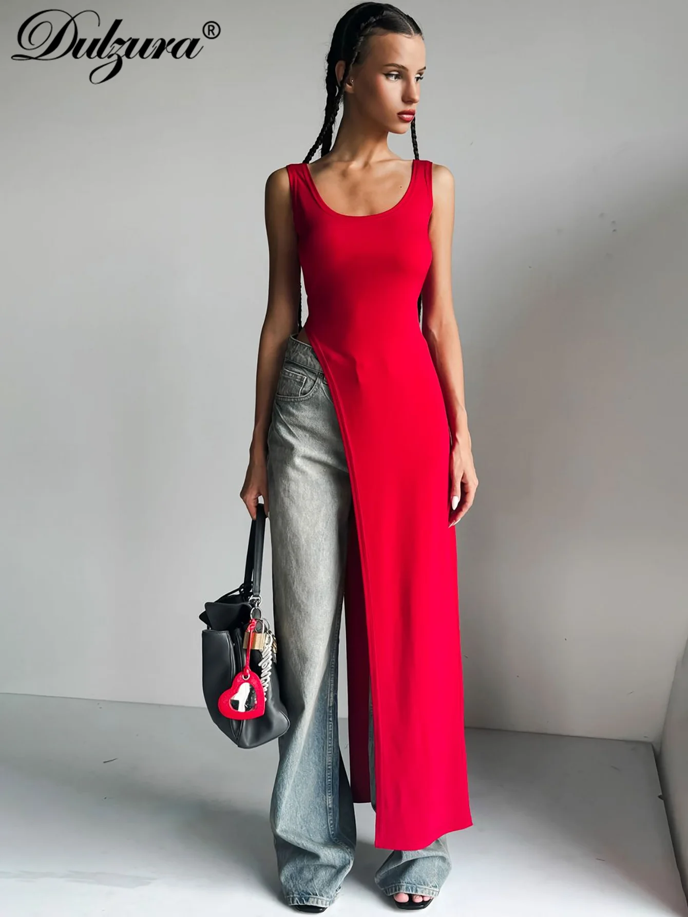 Dulzura 2024 seksowna bez rękawów boczna sukienka z wysokim rozcięciem solidna Backless kobiety sukienki Midi letnia do klubu na imprezę Streetwear ubrania Y2K