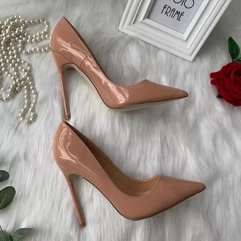 2023 Women Shoes Luxury Brand Pumps Shiny Leather Black Sexy Pointed Toe High Heels Thin Heel 10 12cm Wedding Party Ladies Shoe