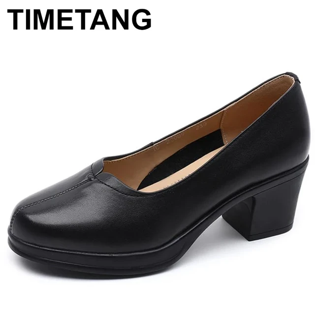 Med Square High Heels Women New Real Cow Leather Spring Round Toe Girl Black Work Pumps Shoes For Woman A0005 AliExpress