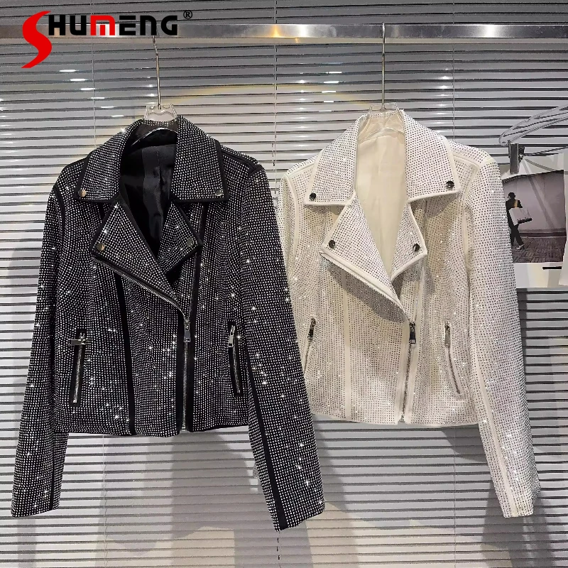 

Women's 2025 Autumn New Sexy Girl Full Rhinestone Hot Rhinestone Jacket Diagonal Zipper Fashion Jackets Female Long Sleeve Coats