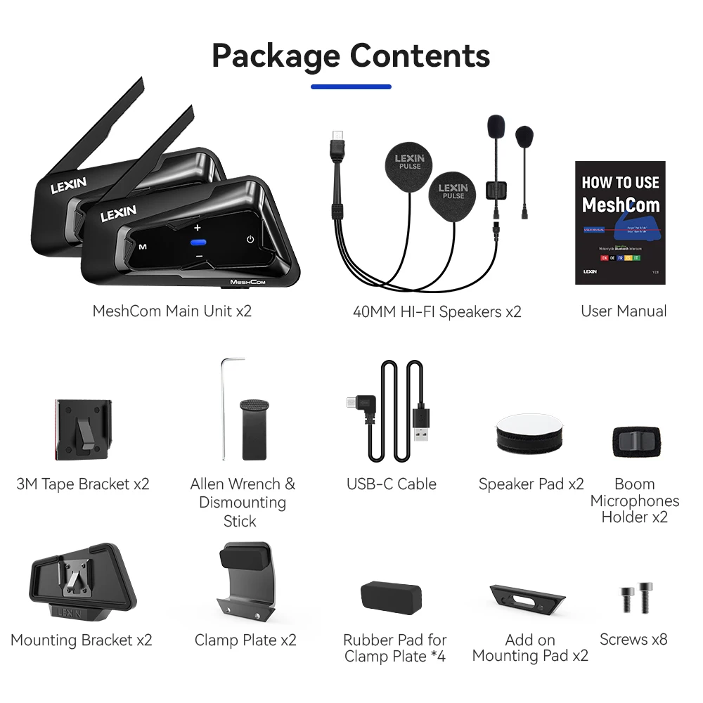 Marke LEXIN-MeshCom Bluetooth-Intercom, MESH 3.0 verbessertes Modell, Mesh-Intercom für bis zu 24 Personen innerhalb eines 2-km-Bereichs, 1100 mAh Batterie