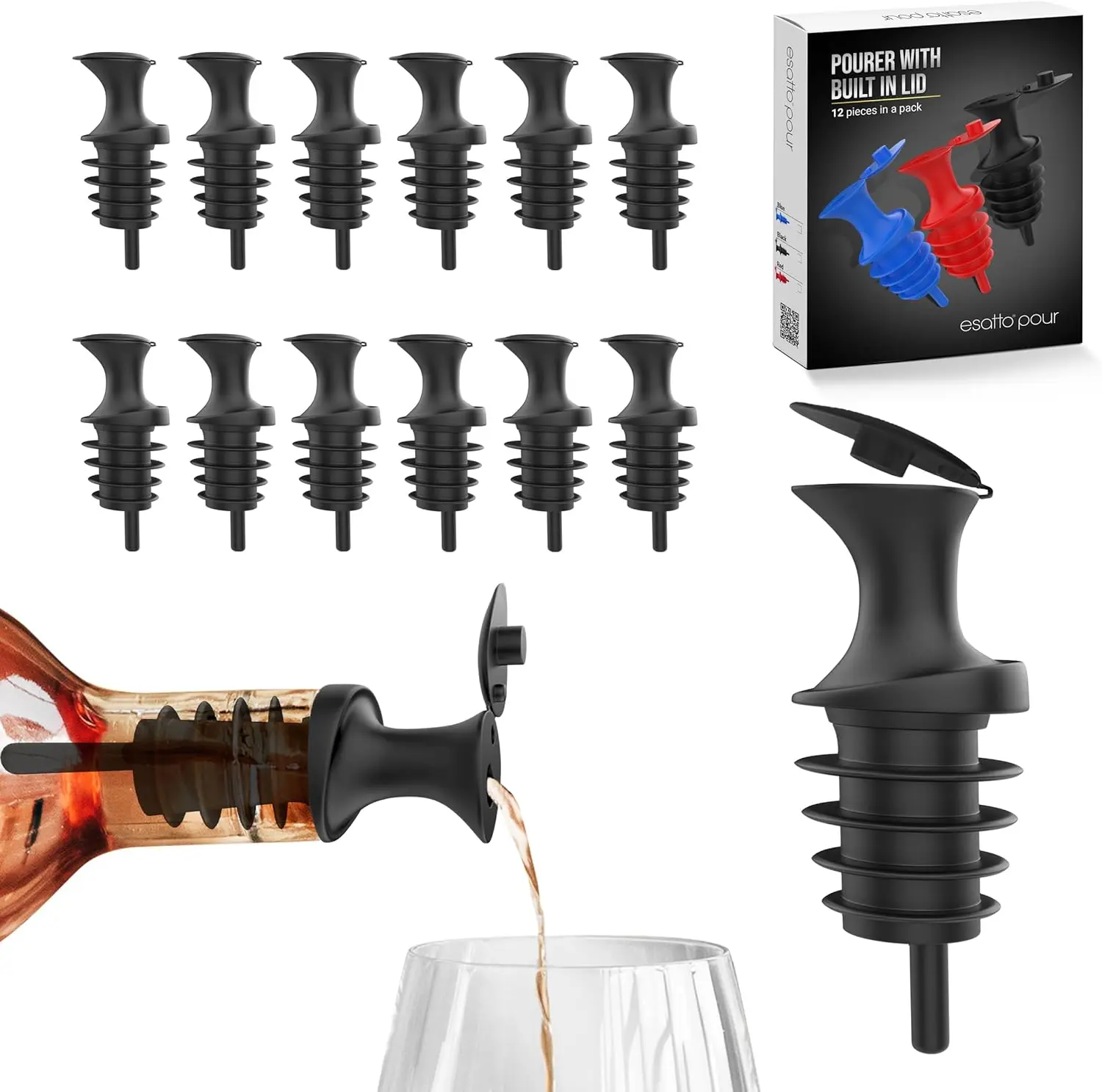 

Plastic Bottle Pourers with Built In Lid for Precise Pouring, Easy Sealing and Storage, Pack of 12 Wine Stopper Pourers (Black)