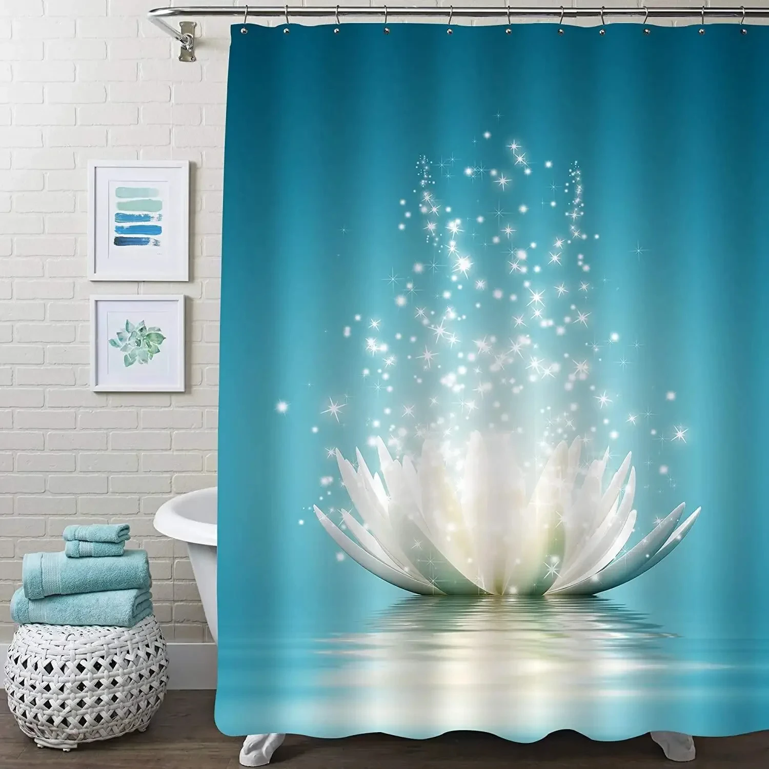 

White Lotus Flower Shower Curtains for Zen Spa Bathroom Decor, Asian Floral Polyester Bath Curtain Set, Gift for Women and Girls