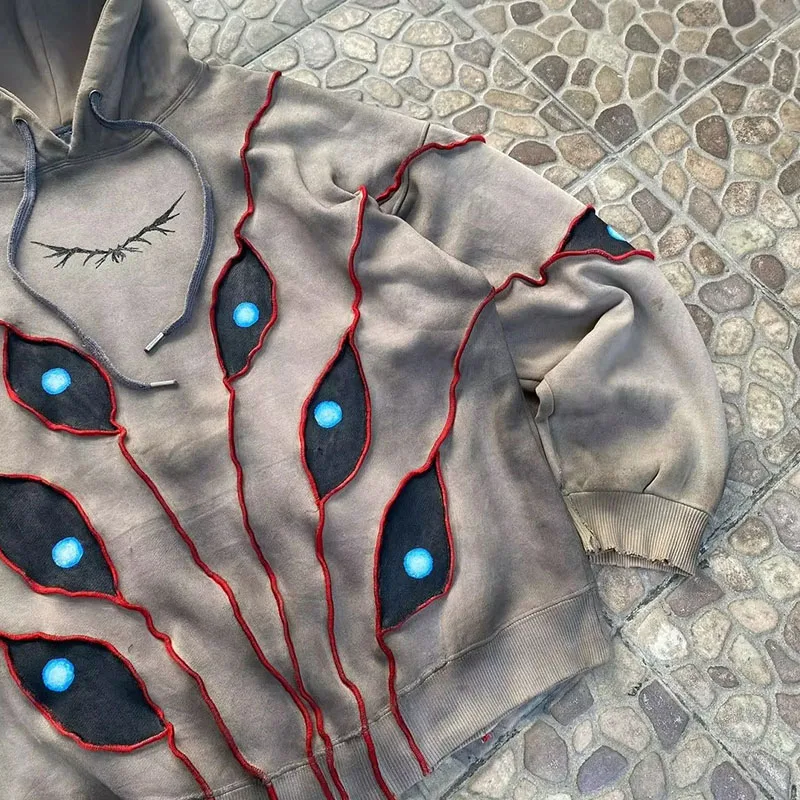 ハロウィン クトゥルフ アイド パッチワーク エステティック パンク オーバーサイズ パーカー ダーク ゴシック ハイストリート クリエイティブ ファッション 長袖 プルオーバー