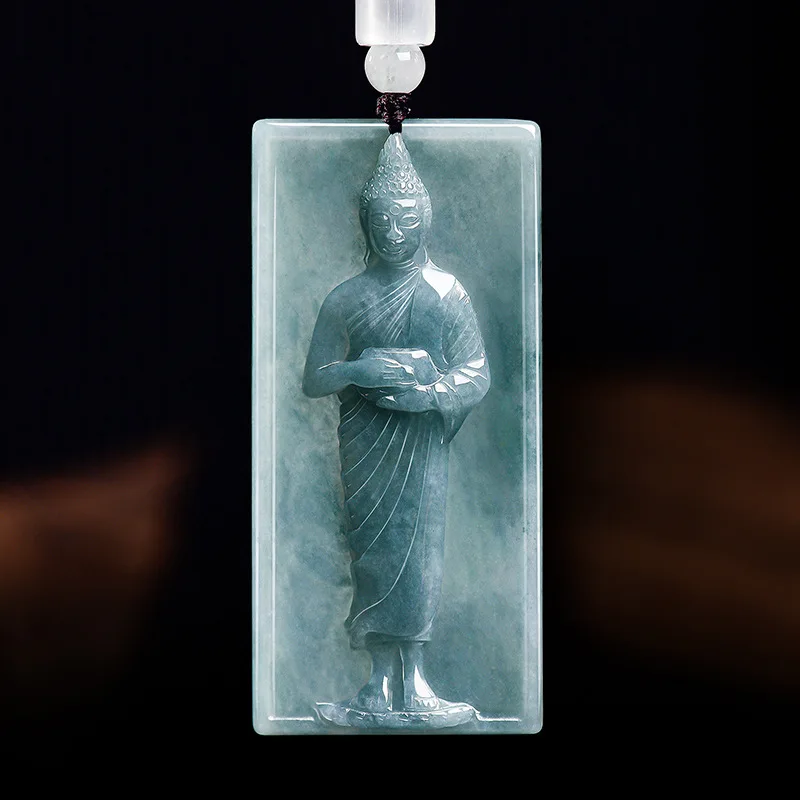 Natural Real Emerald Jade Blue Water Thai Buddhist Appearance Pendant Necklace Carved Jadeite Jewelry Amulet Gifts Certificate