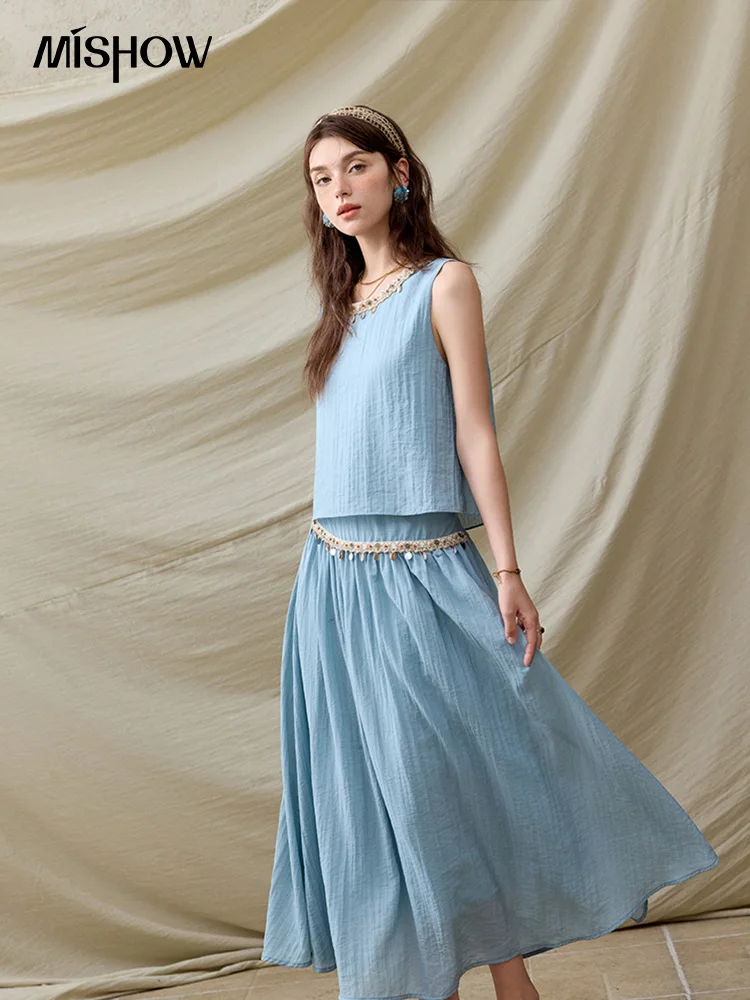 MISHOW Office 레이디 여름 조끼 스커트 세트 여성 2025 Sheel 리본 솔리드 라운드 넥 탑 루즈 하이 웨스트 스커트 여성 MXE32T0556