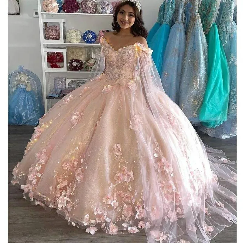 Angelsbridep rosa quinceanera vestidos para 15 festa formal com flor 3d rendas applqiue manto aniversário vestidos de princesa personalizado