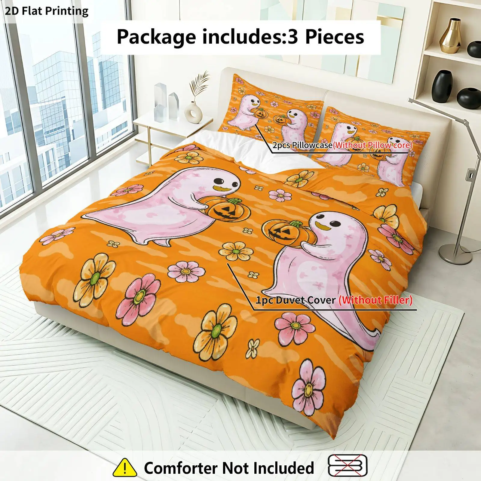 2D Flat Print Halloween Bedding Quilt Cover Set, Three-Piece Bed Set (1*Quilt Cover + 2*Pillowcases), Suitable for All Seasons, Machine Washable, Invisible Zipper Design, Large Double Bed Cover Set, Suitable for Home, Dormitory, Master Bedroom, Guest Room, Ghost and Pumpkin Theme, Halloween Bedding, Ghost and Pumpkin Decorations, Suitable for Bedroom Decoration