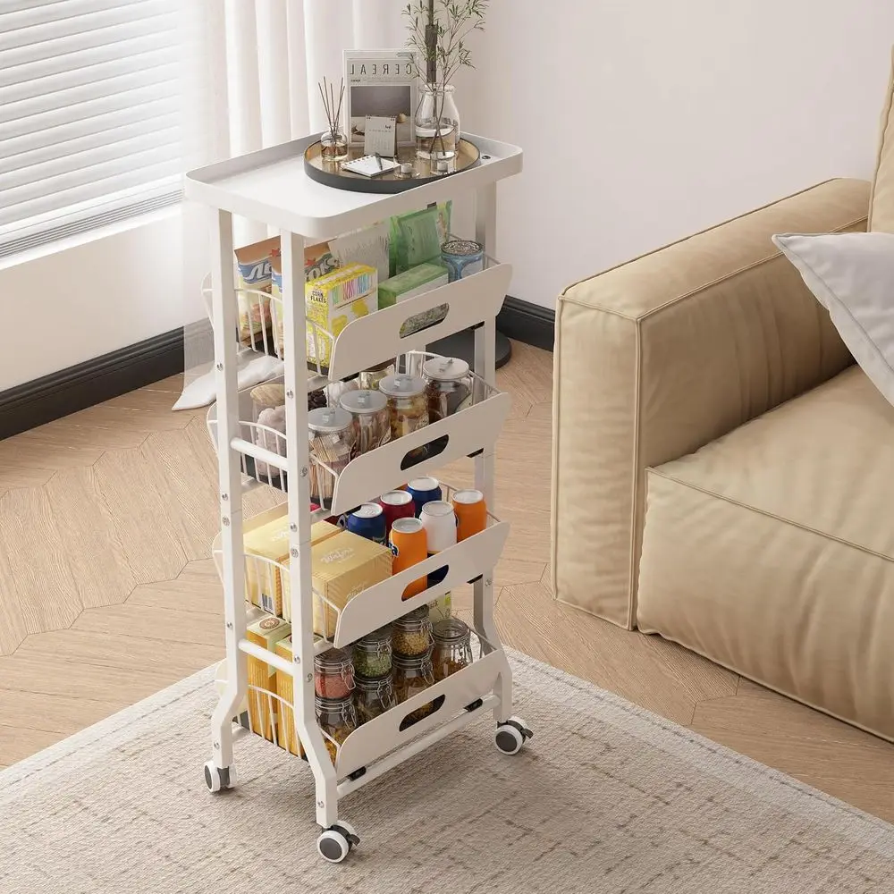 

5-Tier Snack Cart with 4 Sliding Ders and ixed Top Shel, Mobile Utility Organizer with Wheels or Kitchen, Oice, Bathroom-White