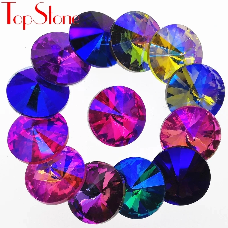 TopStone Colors AB Rivoli Fancy Stone Size 6mm ~ 18mm Round Pointback Glass Crystal Rhinestones for Jewelry Making