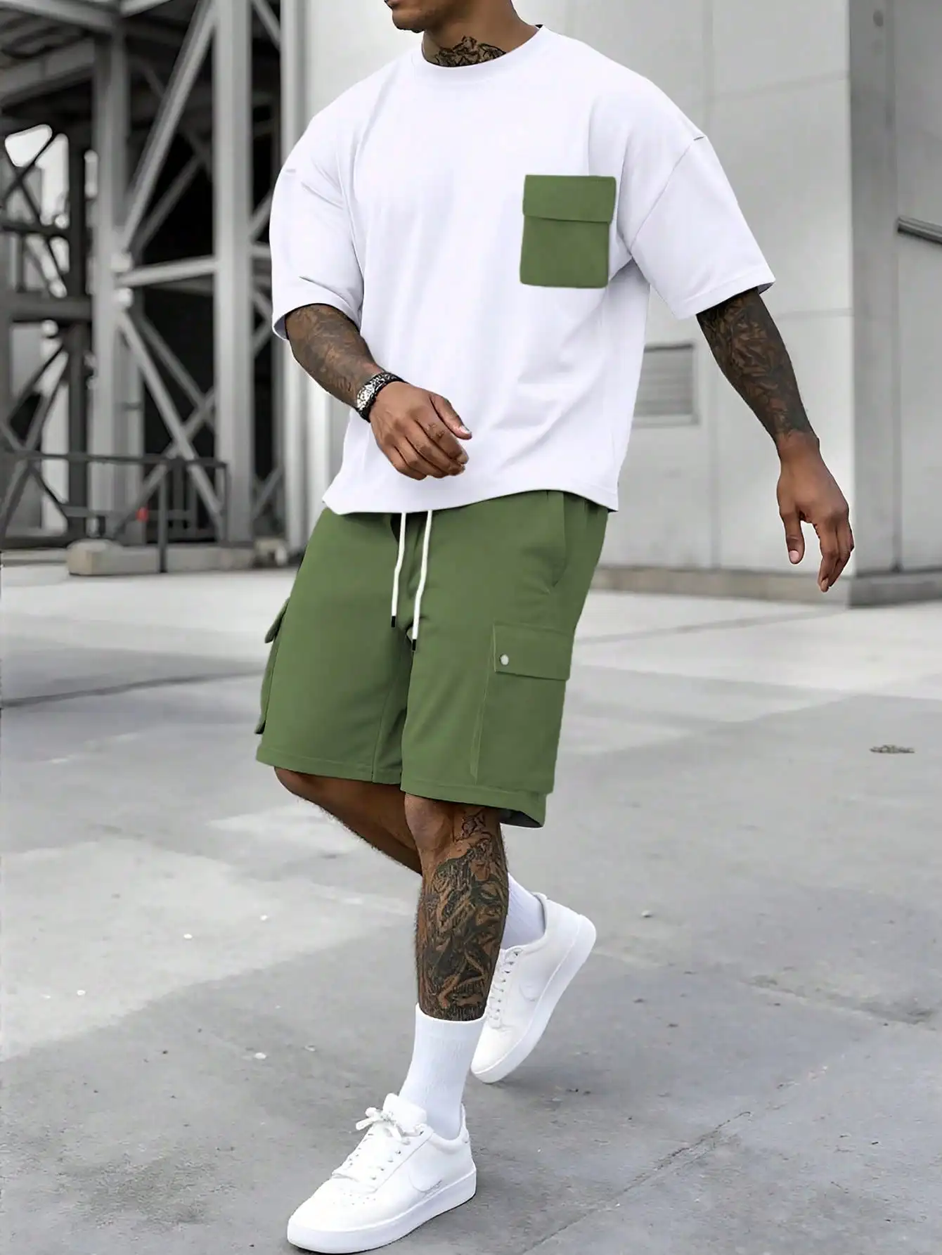 

Mens Casual Contrast Pocket T-Shirt And Shorts Set Summer Two Piece Outfit