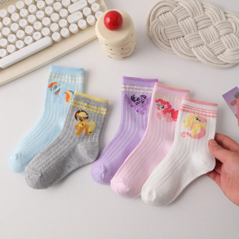 Girls Socks Spring and Autumn Pure Cotton My Little Pony Princess Lace Rainbow Children's Autumn Mid-Tube Boneless Student Socks