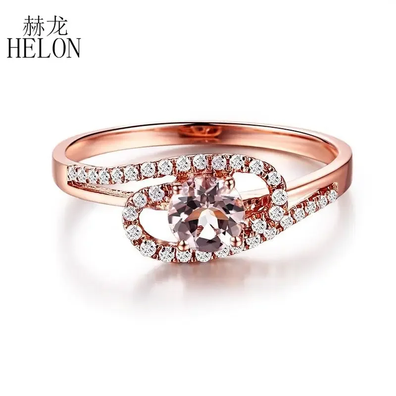 HELON Solid 14K Rose Gold Round 4.5mm Natural Morganite Diamonds Engagement Ring Women Wedding Band Anniversary Bridal Gift