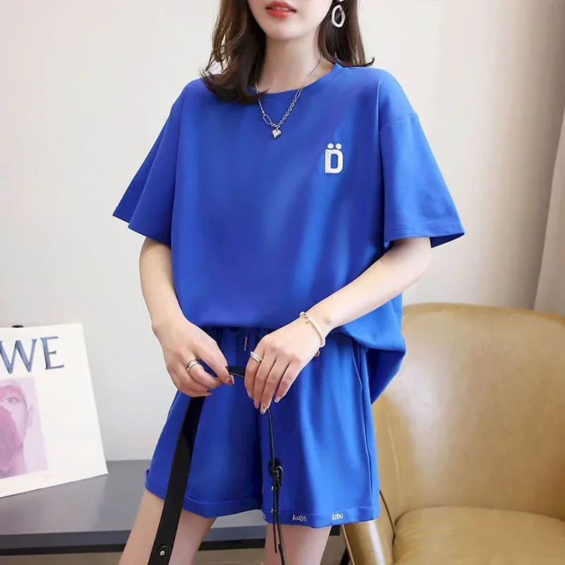 

Pop Sporty Shorts Set Half Sleeve T-shirt 2 Piece Sets Women Outfits Summer Sportswear Suits Loose Korean Style Waffle Pants Set