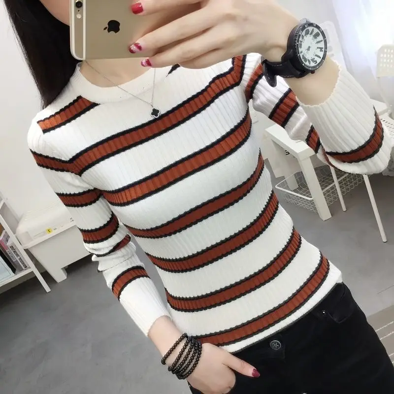 Autumn Winter New Striped Patchwork Sweaters Ladies Slim Casual Fashion All-match Jumpers Top Women Bottoming Knitting Pullovers