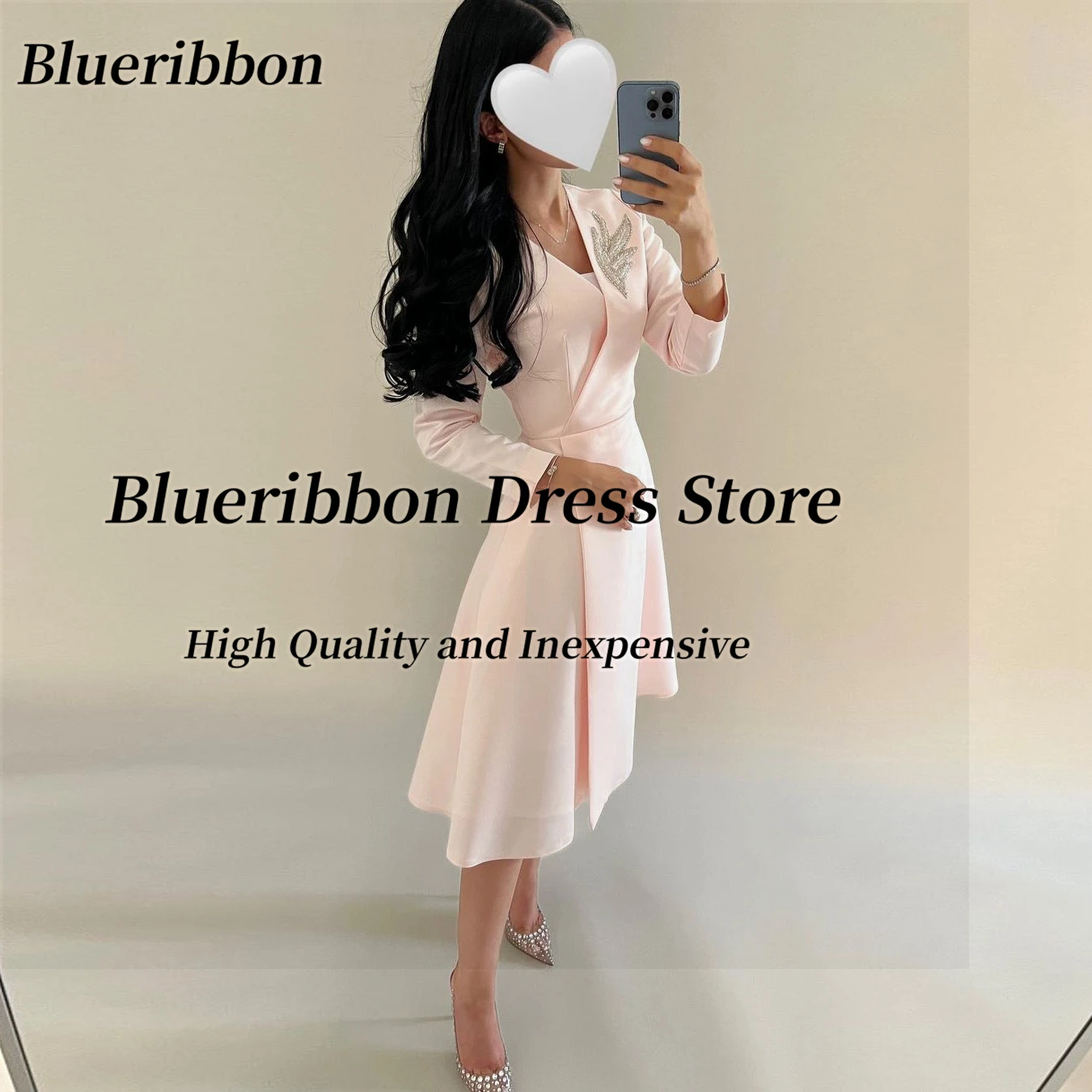 

Blueribbon Beaded V Neck Prom Dresses Saudi Party Women Wear Long Sleeves Homecoming Dress Short A Line Graduation Party Gowns