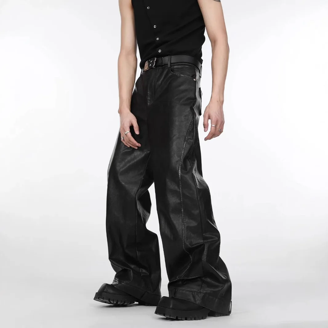Trousers Distressed Long Pant Balck Leather Pants Loose Casual Solid Simple All-matching Cool Personality Man Korean