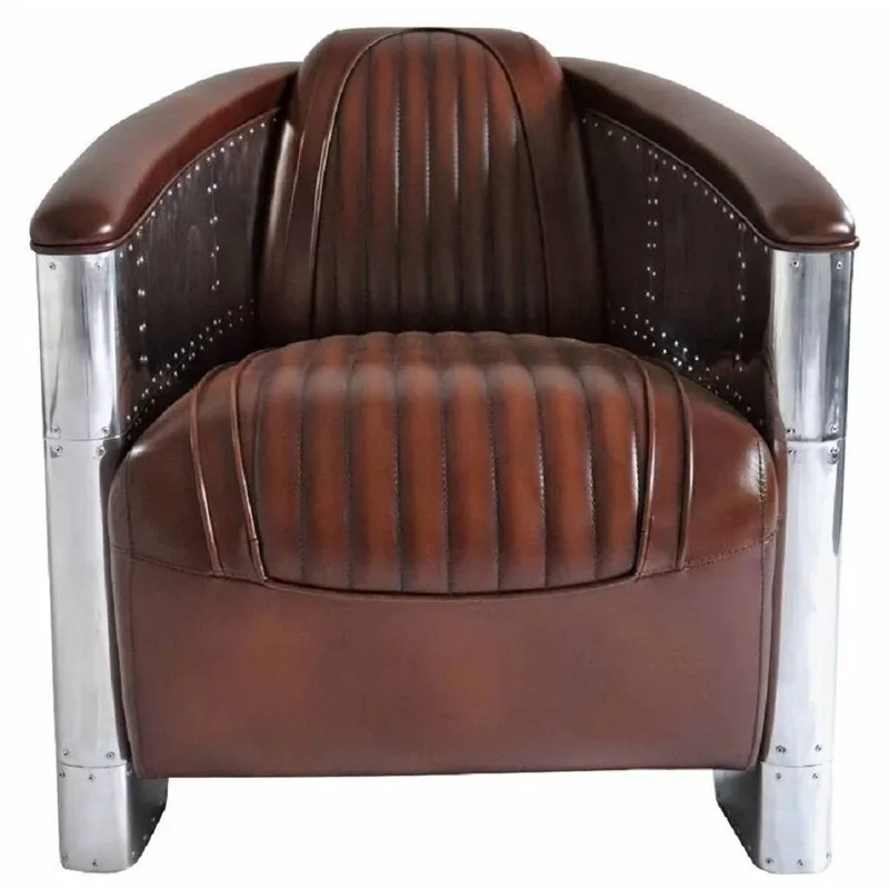 Deluxe Art Deco Leather Armchair Dark Brown Antique Aluminum Leather Cover Single Seat Pilot Sofa view 5