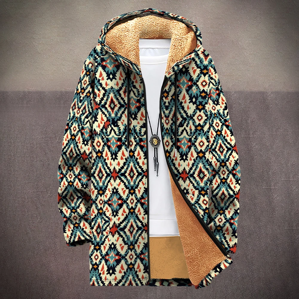 Abstract Geometric Printed Cardigan Coats Long Hooded Parka Fleece Lined Winter Trendy Jacket Warm Outerwear Oversize Men Women