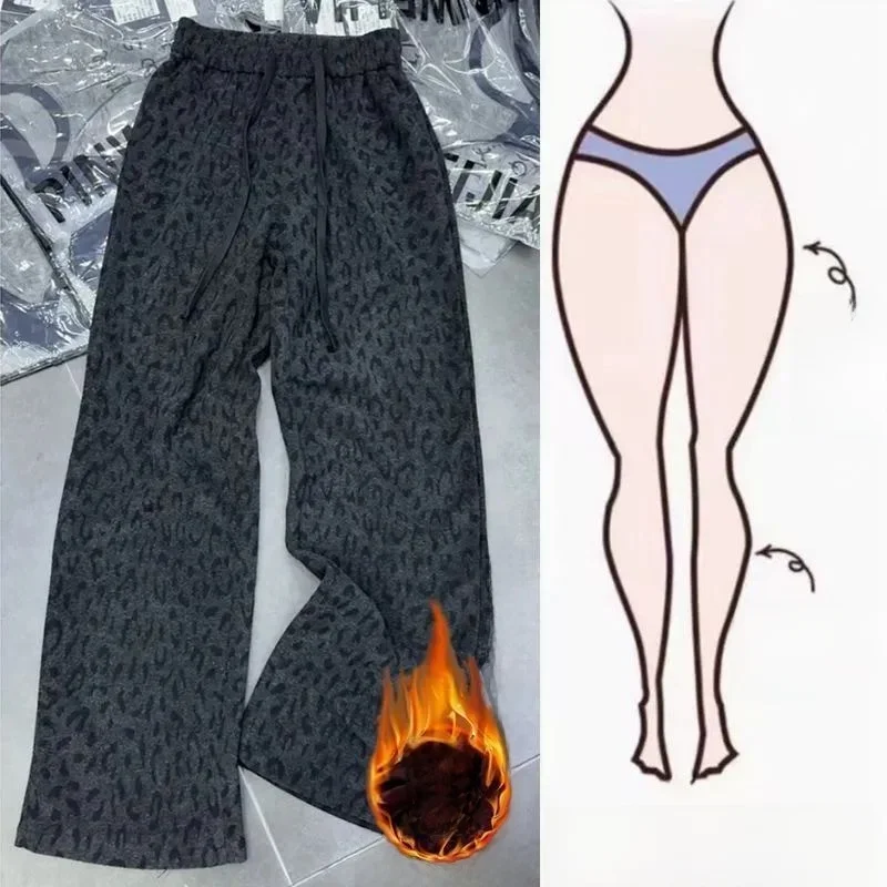 Autumn Winter Women's Slimming Fleece Lined Wide Leg Pants Leopard Print Casual Warm Trousers High Waist Straight Cut Commute