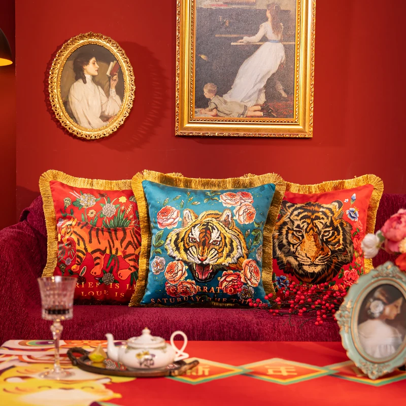 DUNXDECO Animal Flora Print Tiger Velvet Cushion Cover Decorative Pillow Case Jungle Style Art House Room Sofa Chair Coussin