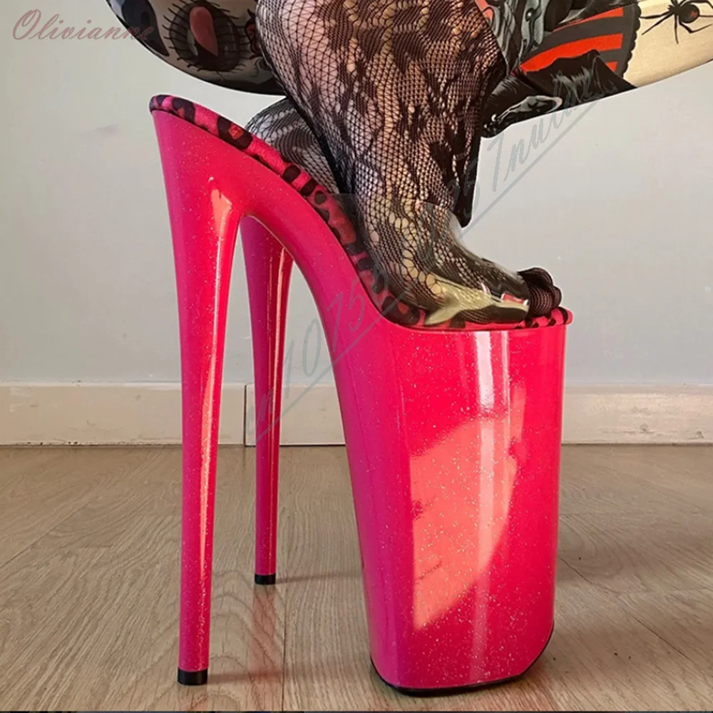 Hot Pink Glitter Platform Mule Heeled Sandals Ladies Transparent Strap Leopard Lining Super Height Stiletto Slip‑On Stage Shoes