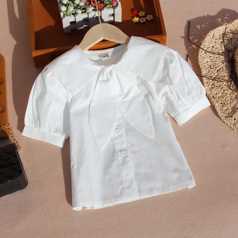 Summer White Shirts for Teenage Girls Fashion Children Puff Sleeve Tops Solid Color Blue Short Sleeve Blouses with Big Bow Tie