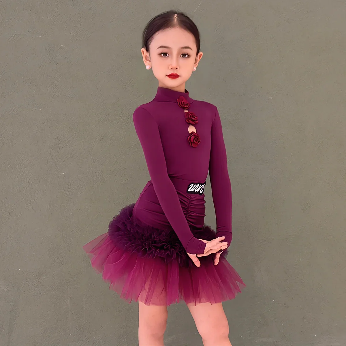 Kids Latin Dance Clothes 2025 Autumn Winter Latin Dance Practice Girls Long Sleeves Dress Split Suit Cha Cha Dance Wear