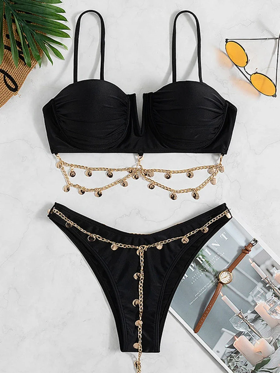 Bikini push up con filo a V collegato a catena 2025 Costume da bagno solido da donna Perizoma sexy Costumi da bagno Bagnanti femminili Costume da bagno Costume da bagno Beachwear