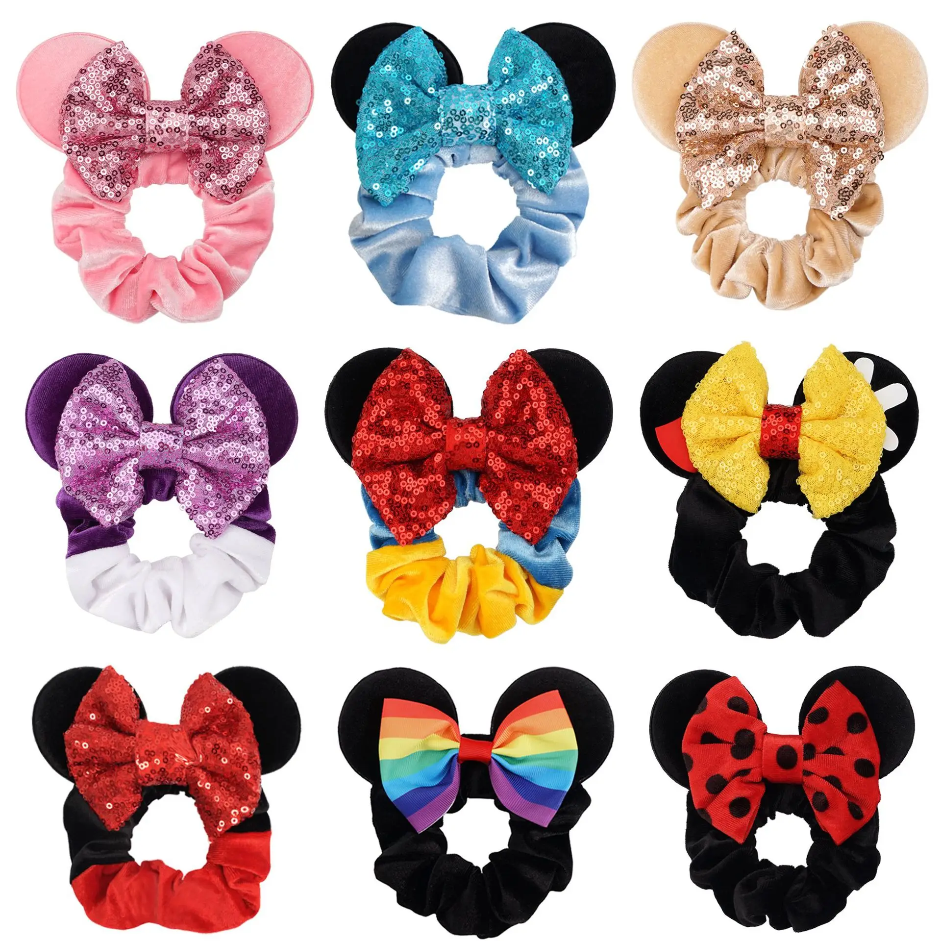 Disney Cartoon Mickey Children's Scrunchie Ear Flannel Colophony Sequin Bow Christmas Holiday Party Headpiece Hair Accessory