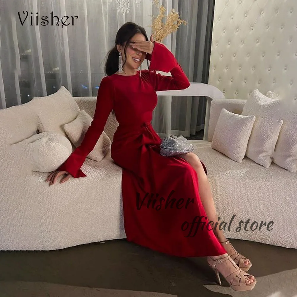 

Viisher Burgundy Satin Mermaid Evening Dresses Long Sleeve O Neck Arabic Dubai Prom Party Dress with Slit Wedding Guest Gowns