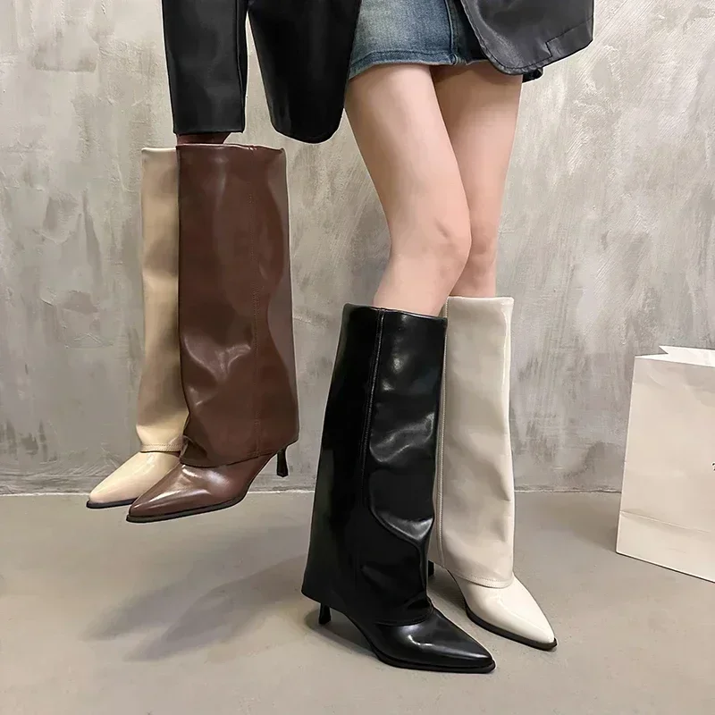 Botas femininas de bico fino até o joelho, salto stiletto, salto alto, sexy, moda primavera e outono, novo estilo, 2024