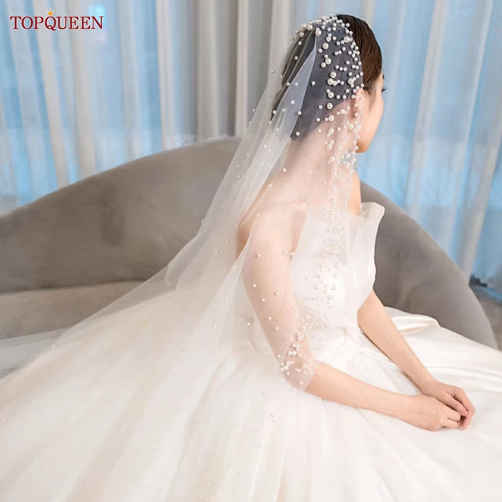 

TOPQUEEN жемчужная свадебная фата с жемчужной драпировкой, фата в соборном стиле, свадебные аксессуары без расчески, настраиваемая V66