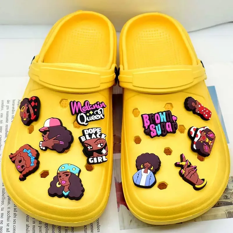 13-100pcs Dope Black Girl Queen Shoe Charms PVC Accessories DIY Sandals Shoes Buckle Decorations fit Wristband Kids Woman Gift