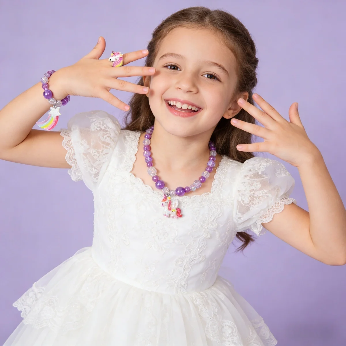 Rainbow Unicorn Pendant Jewelry 3pcs Set Cute Girl Princess Beads Necklace Bracelet Ring Party Gift for Kids