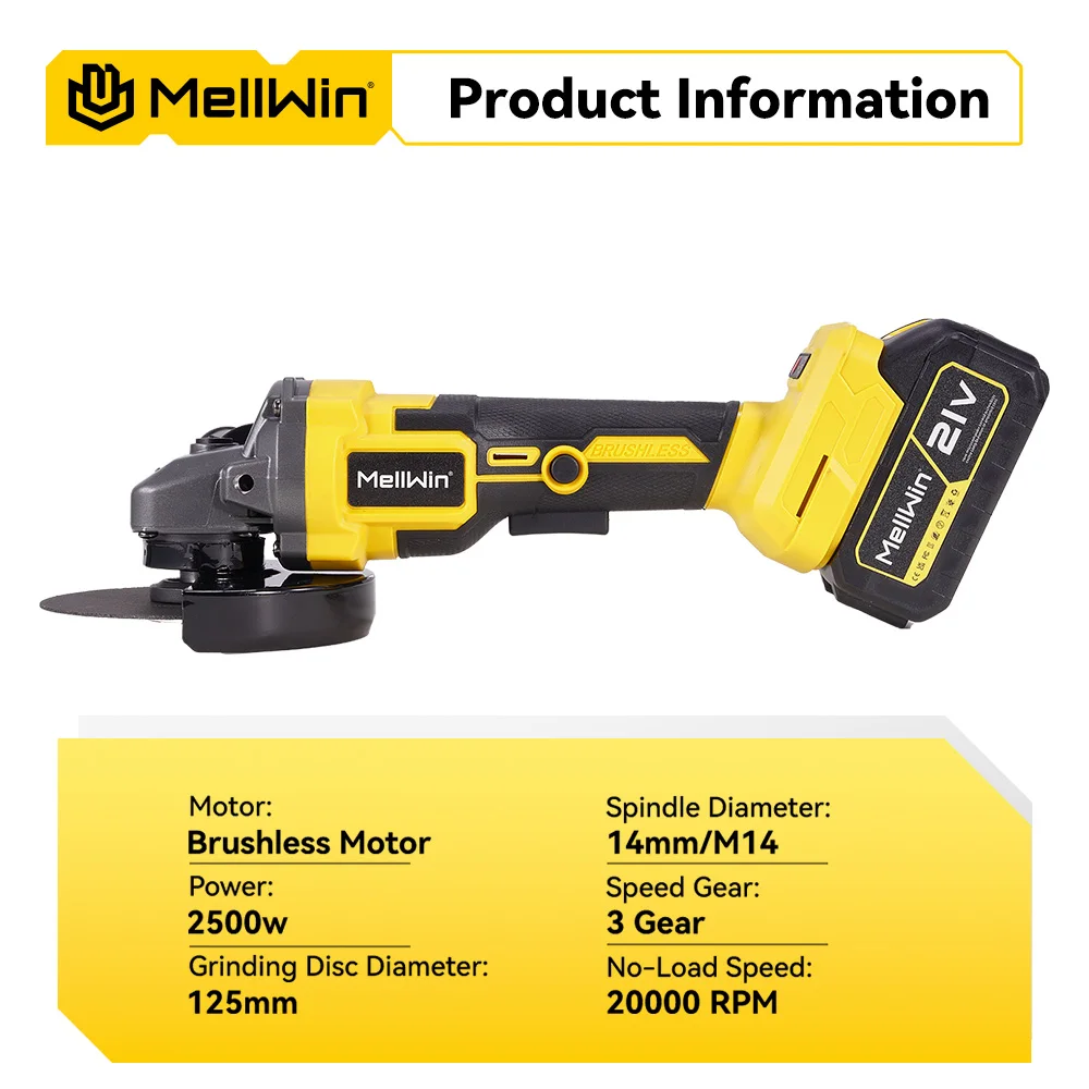 MELLWIN 125MM Bürstenloser Elektrischer Winkelschleifer 3-Gang M14 Schneid- und Poliermaschine Holzbearbeitungswerkzeug für Makita 18V Akku – Detail 4