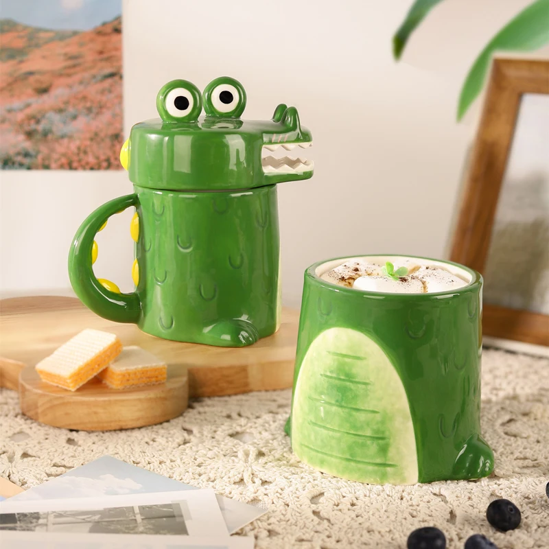 

350ML Crocodile Mug with Lid Ceramic Cup Large Capacity Coffee Cup Cute Milk Cup Girl Office Tea Cup Creative Funny Drinking Cup