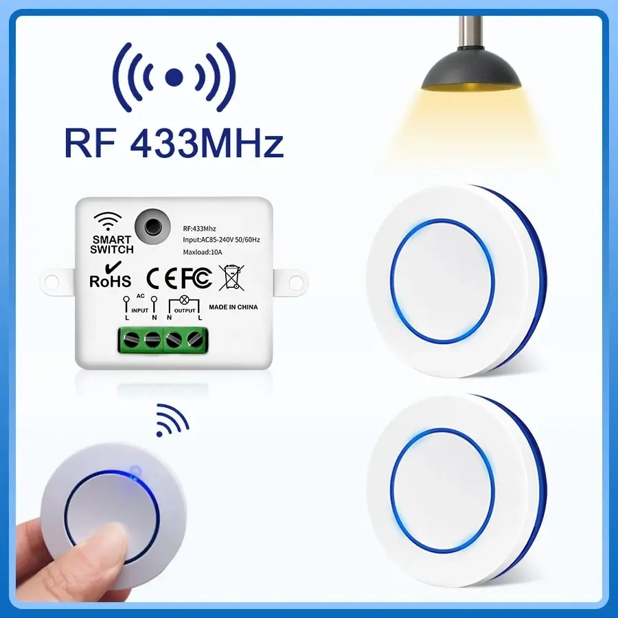 RF433Mhz Wireless Remote Control Light Switch 10A Relay Controller Mini Round Button Wall Panel Switch For LED Lamp AC100-240V