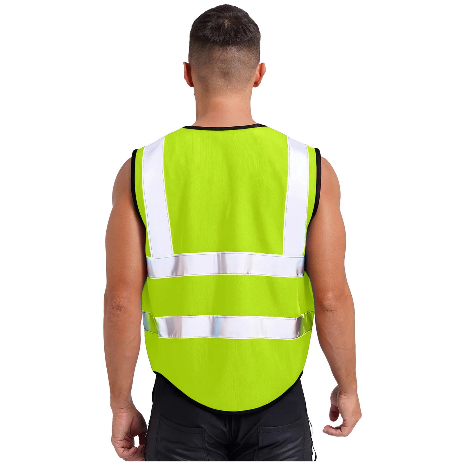 Gilet de sécurité réfléchissant haute visibilité pour hommes, col en V, sans manches, fermeture éclair, veste de travail avec multi-poches pour le cyclisme, les activités de plein air