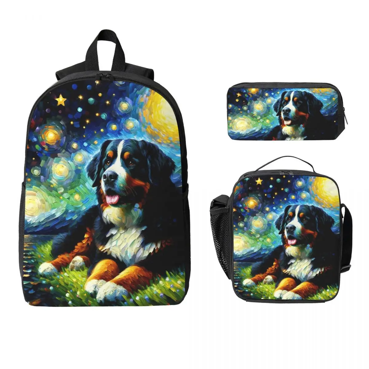 Starry Night Bernese Mountain Dog Van Gogh Lover Backpack BookBag School Bag Shoulder Bags 3ps Insulated Lunch Bag Pencil Case