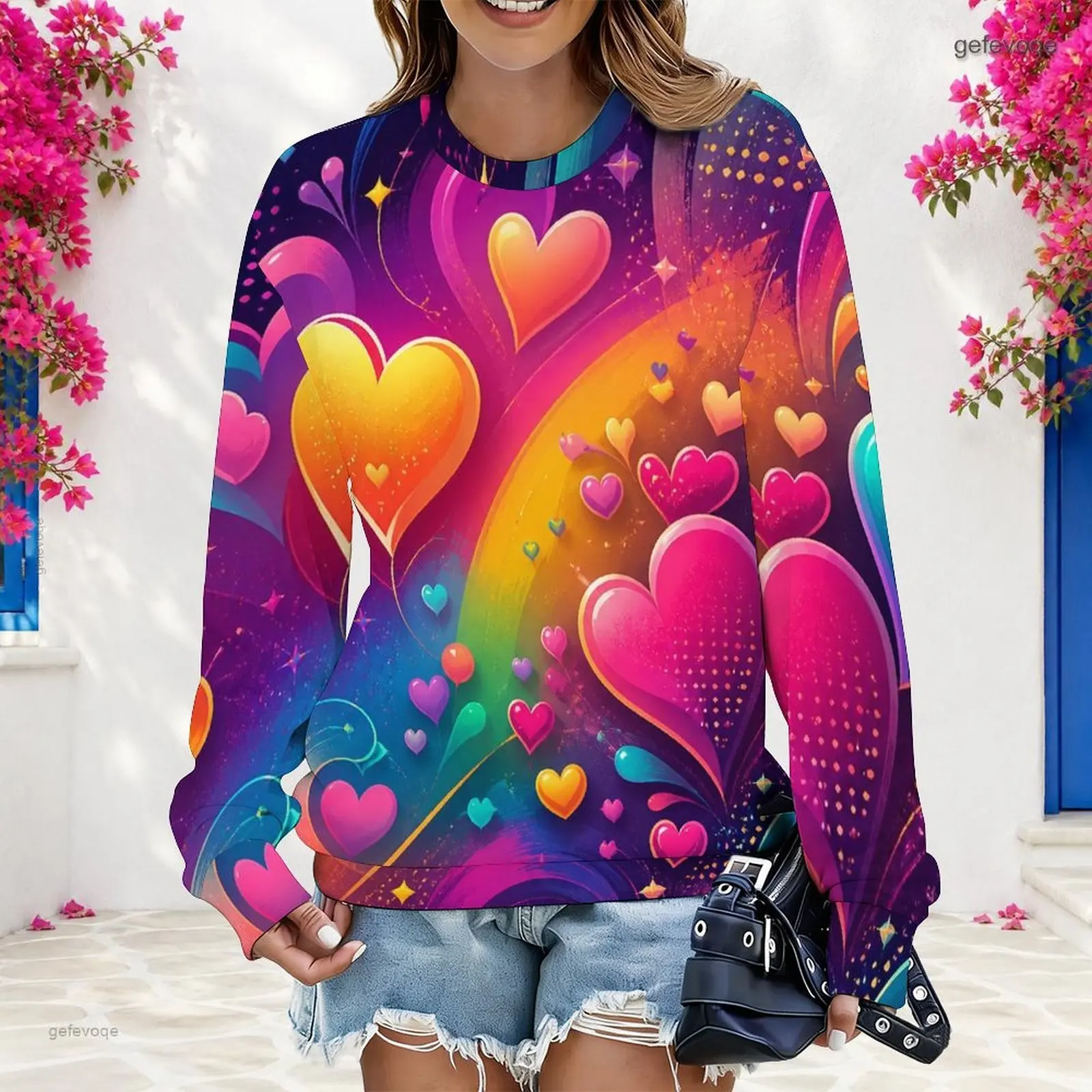 Printed Sweatshirt for Women Round Neck Long Sleeve Ribbed Cuffs Pullover