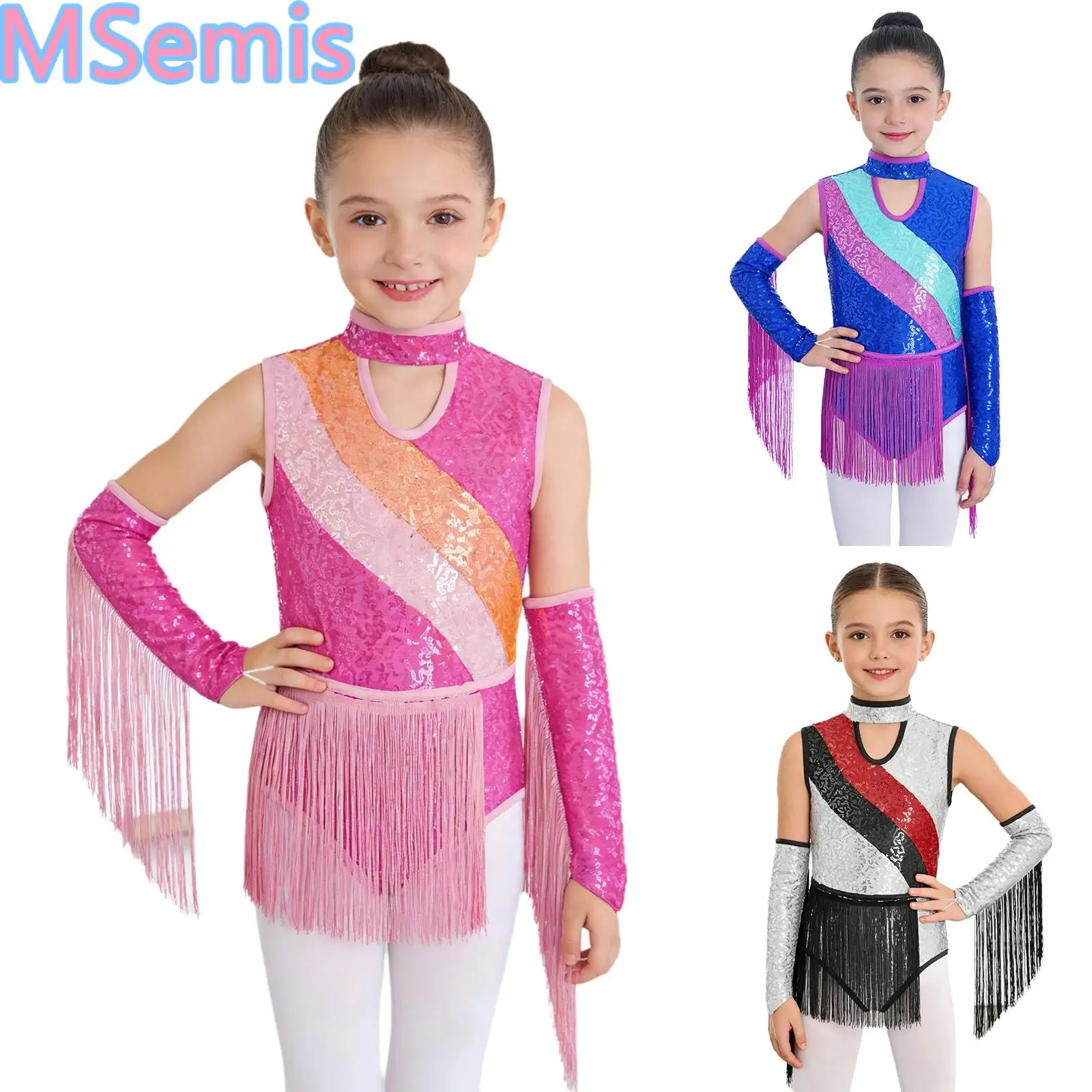 

Kids Girls Latin Dance Outfit Mock Neck Sleeveless Cutout Tassel Color Block Sequin Leotard with Finger Holes Fringed Gloves