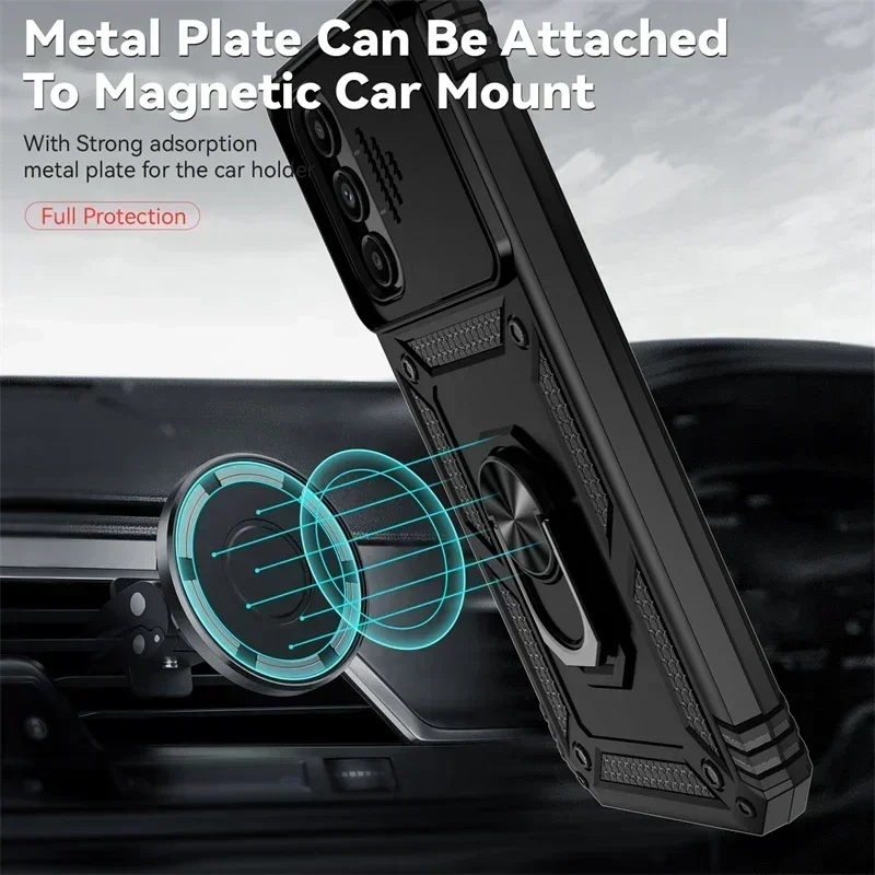 サムスンギャラクシーA255G電話ケース、スライドカメラ保護付き、6.44インチ、リングホルダー、鎧、背面カバー付き