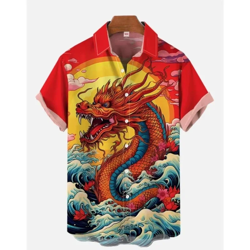 Retro-style ethnic print short-sleeved shirt for men fashionable casual loose-fitting men's shirt men's formal shirt