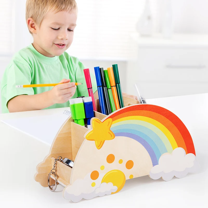 Lovely Wooden Rainbow Pen Container Multi-Compartment Pencil Case Desktop Stationery Organizer For School Office Gifts for Kids