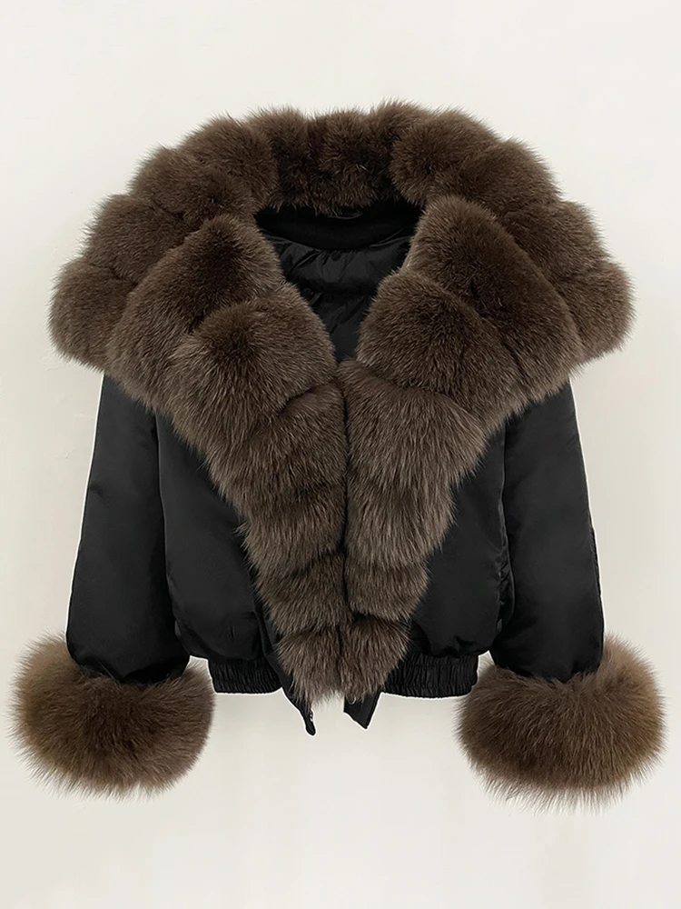 New Parker Coat Winter Clothes Women Big Natural Fox Fur Down Coat Fashion Warm Short Real Fur Cuffs Puffer Jacket Female