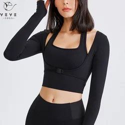 Sexy Long Sleeve Sport T-shirt Women 2 In 1 Crop Top Fitness Workout Yoga Jersey  Gym Cropped Shirts