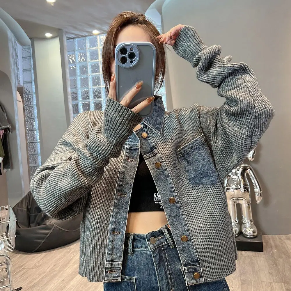 Vintage Denim Patchwork Loose Fashion Crop Knitted Cardigan Top For Women\'s Autumn New Vintage Denim Stitching Sweater