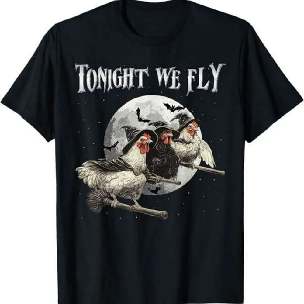 Tonight We Fly Chicken Witch Halloween Whimsical Pun Graphic Print T Shirt, 180GSM Pure Cotton Soft Stain Resistant Spooky Holiday Animal Casual Short Sleeve Tee Top